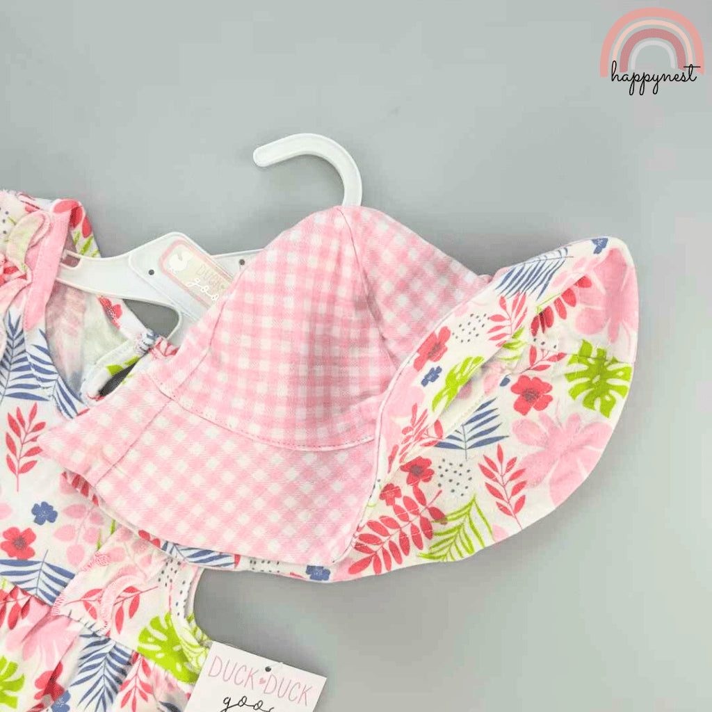 Pink Floral 3-Piece Baby Set: Dress, Bloomer & Reversible Sun Hat 6–24M – AA256