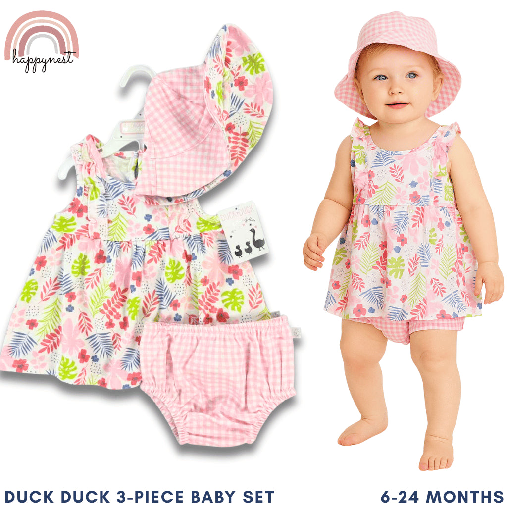 Pink Floral 3-Piece Baby Set: Dress, Bloomer & Reversible Sun Hat 6–24M – AA256