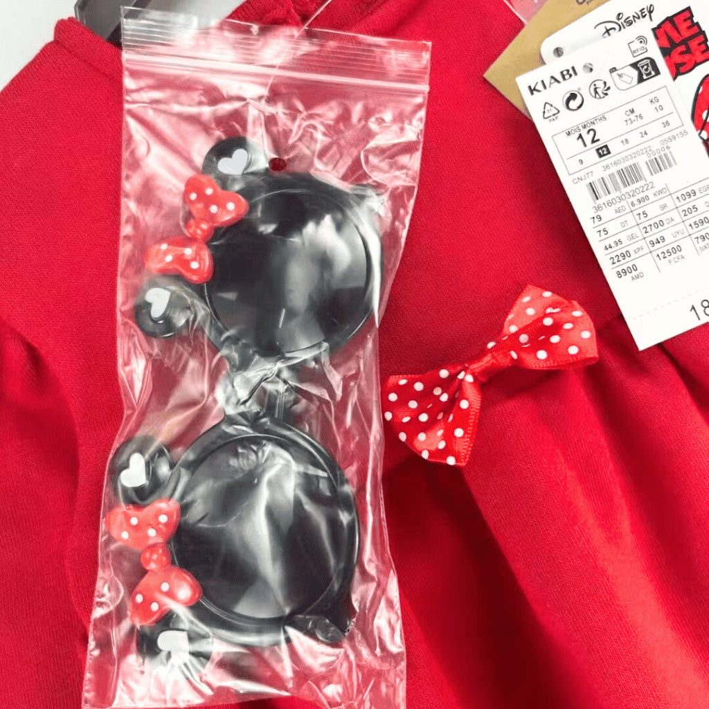Minnie 3PC Red Outfit β Long Sleeve Dress Top, Leggings & Sunglasses | Overruns | 6β36M (SS559)