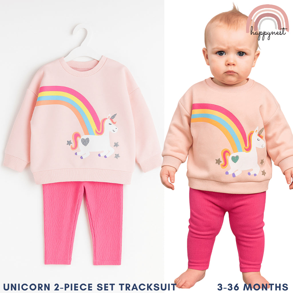 Unicorn Rainbow Baby Tracksuit Set, Soft Fleece Pink 3–36 Months | Baby Girls SS517