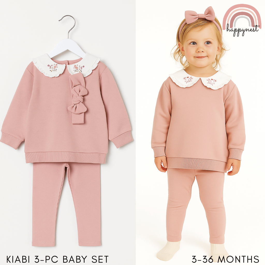 Kiabi 3-Piece Baby Girl Set with Embroidered Collar & Bow Leggings (3β36 Months) | SS555