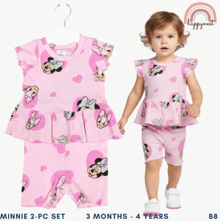 Disney Minnie & Daisy Toddler Girls 2-Pc Ruffle Set | Pink Ribbed Cotton | 3m - 4 Years (B8)