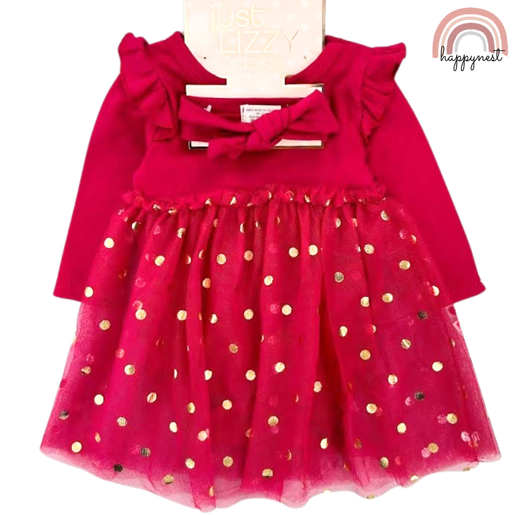 Baby Girl Dress Tutu Red Set Just Lizzy 2-Piece Red Gold Dots  (0-12 Months) AA19