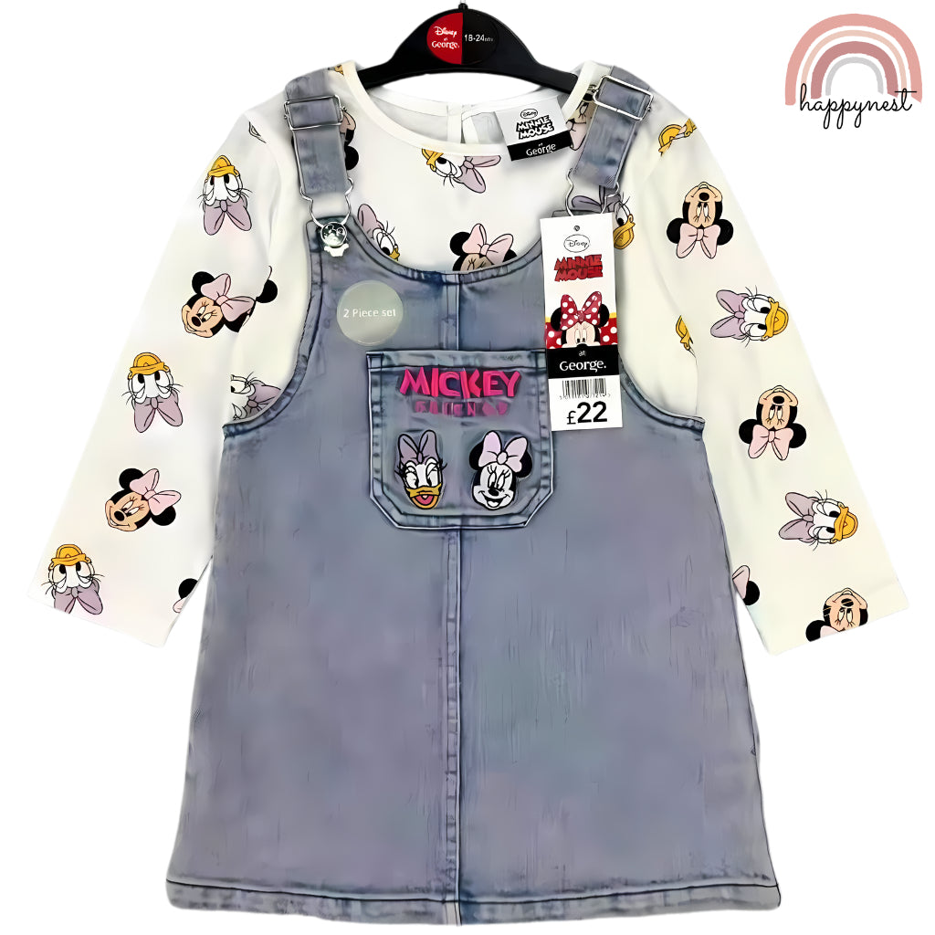 Happynest 2-Piece Disney Stitch Minnie Mouse Denim Jumper and Pink Shirt Set for Babies 3-36M