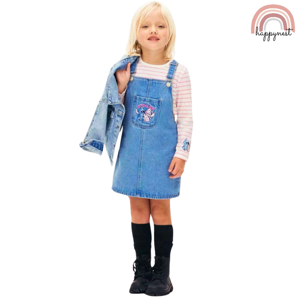 Happynest 2-Piece Disney Stitch Minnie Mouse Denim Jumper and Pink Shirt Set for Babies 3-36M