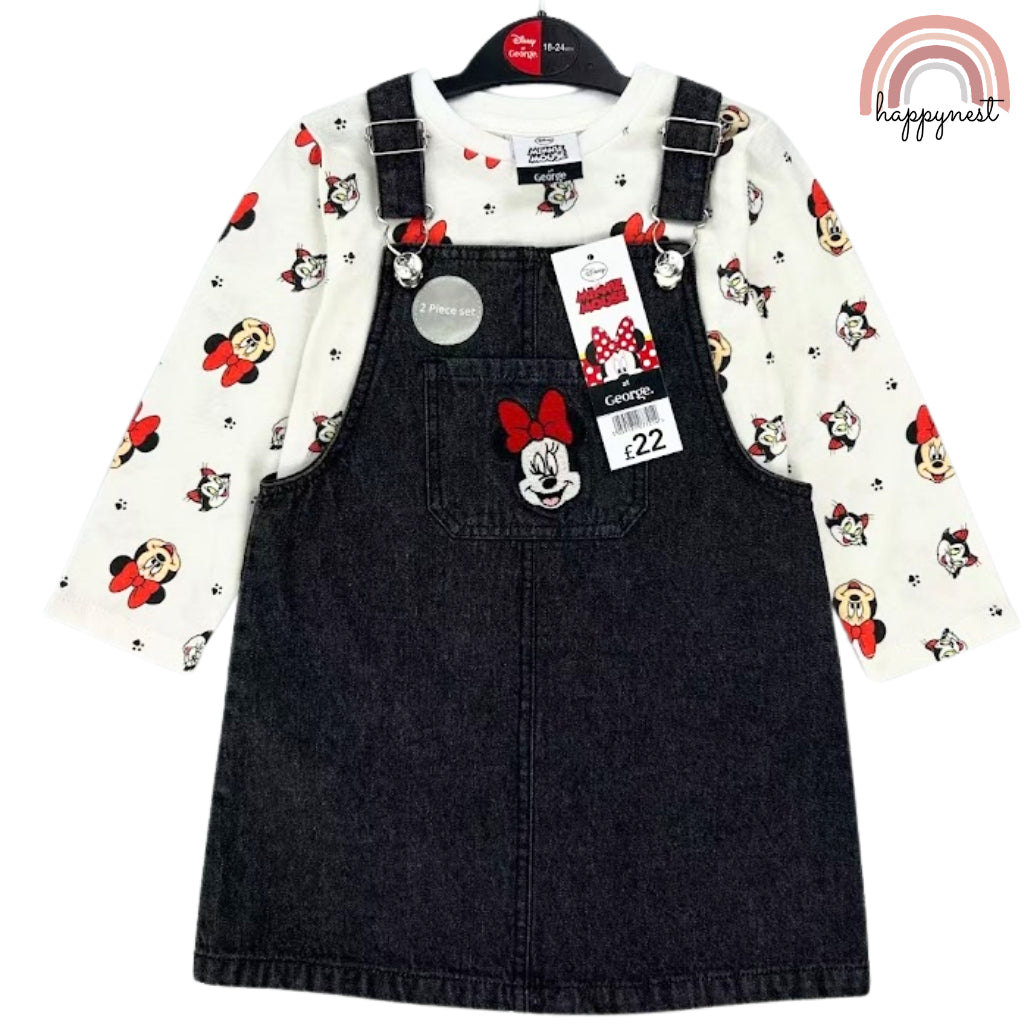Happynest 2-Piece Disney Stitch Minnie Mouse Denim Jumper and Pink Shirt Set for Babies 3-36M