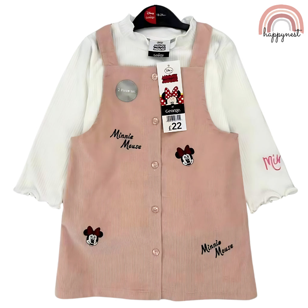 Happynest 2-Piece Disney Stitch Minnie Mouse Denim Jumper and Pink Shirt Set for Babies 3-36M