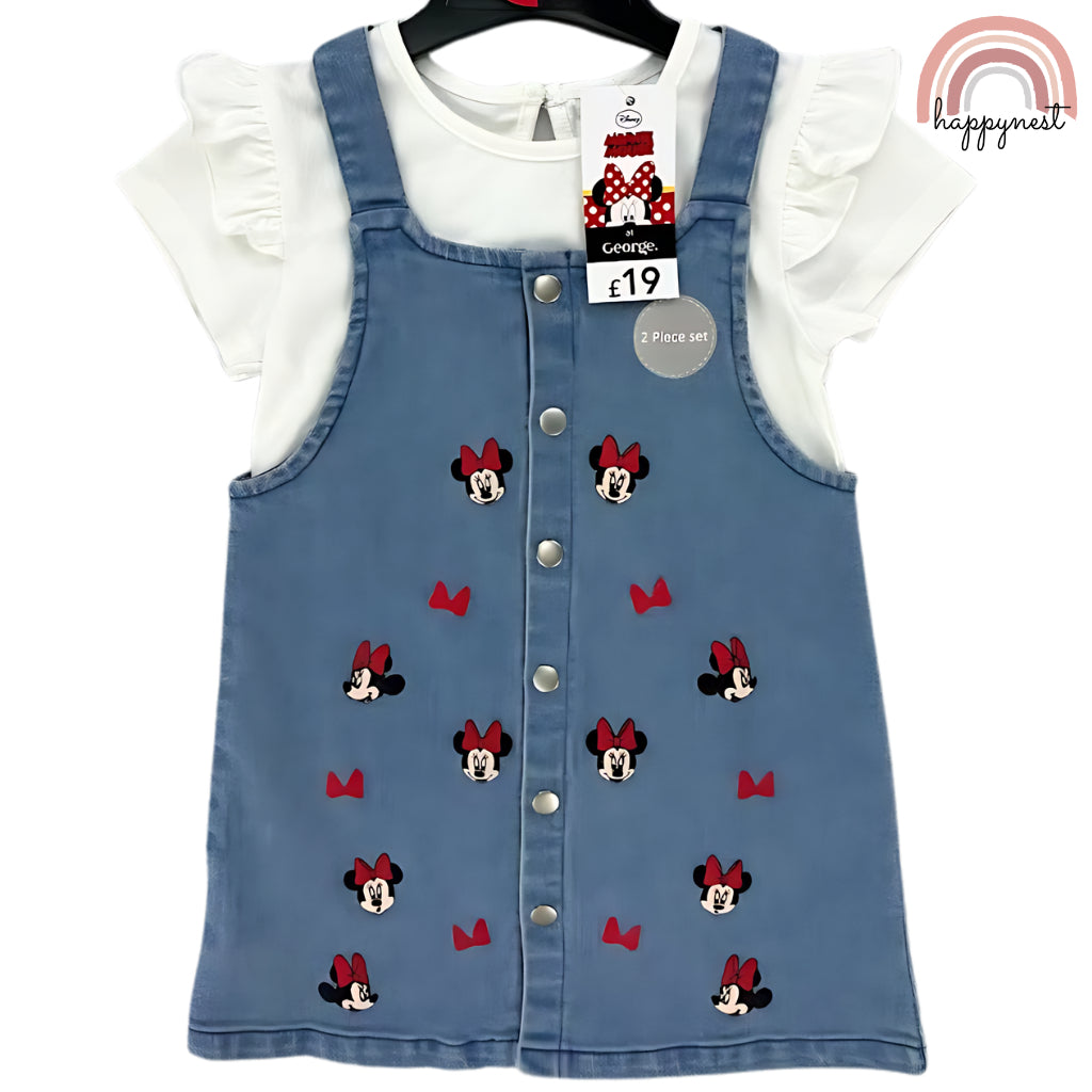 Happynest 2-Piece Disney Stitch Minnie Mouse Denim Jumper and Pink Shirt Set for Babies 3-36M