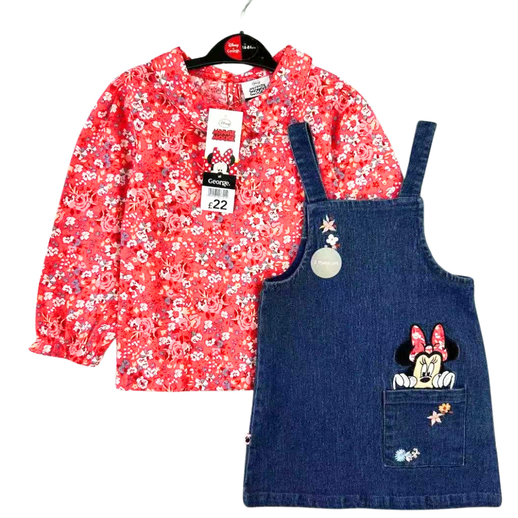 Happynest 2-Piece Disney Stitch Minnie Mouse Denim Jumper and Pink Shirt Set for Babies 3-36M