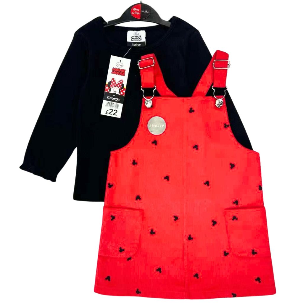 Happynest 2-Piece Disney Stitch Minnie Mouse Denim Jumper and Pink Shirt Set for Babies 3-36M