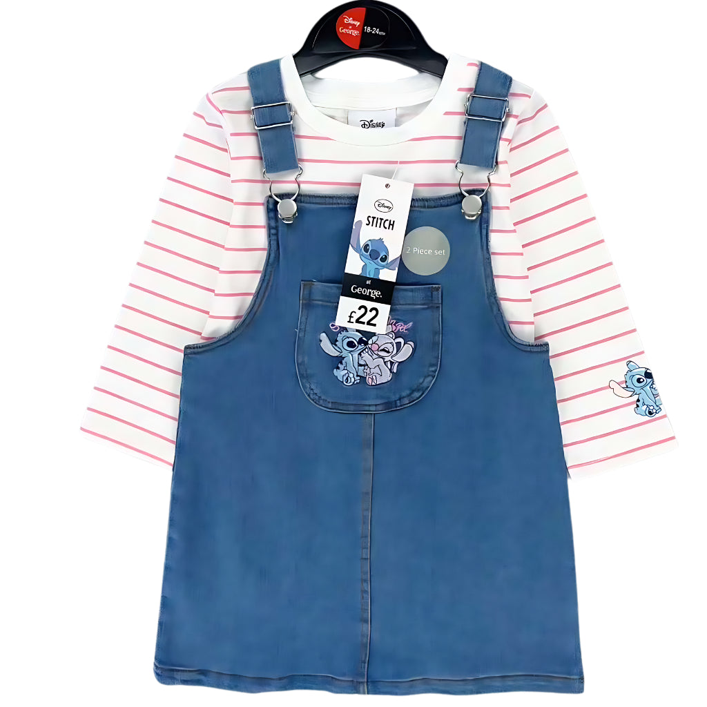 Happynest 2-Piece Disney Stitch Minnie Mouse Denim Jumper and Pink Shirt Set for Babies 3-36M