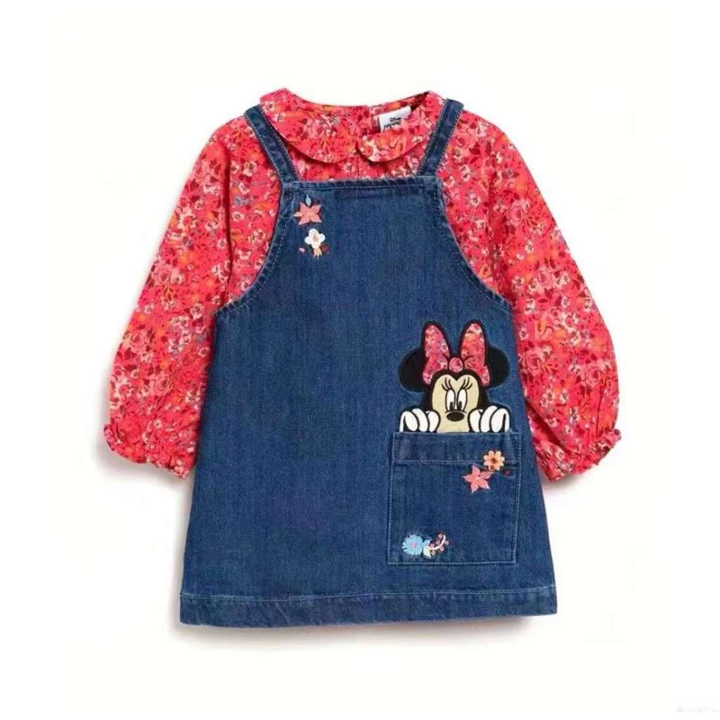 Happynest 2-Piece Disney Stitch Minnie Mouse Denim Jumper and Pink Shirt Set for Babies 3-36M