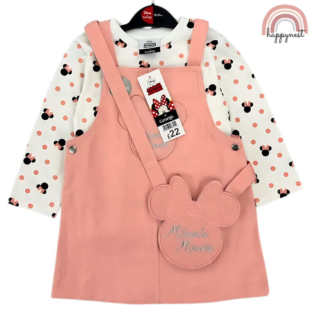 Happynest 2-Piece Disney Stitch Minnie Mouse Denim Jumper and Pink Shirt Set for Babies 3-36M