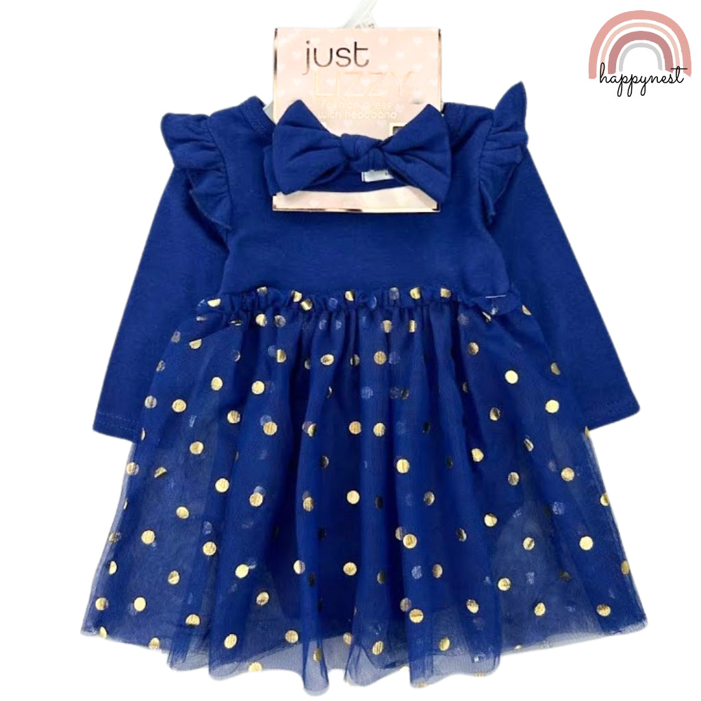Tutu Dress Set Baby Girls Just Lizzy 2-Piece Blue Gold Dots (0-12 Months) AA15
