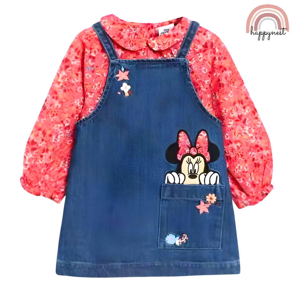 Happynest 2-Piece Disney Stitch Minnie Mouse Denim Jumper and Pink Shirt Set for Babies 3-36M