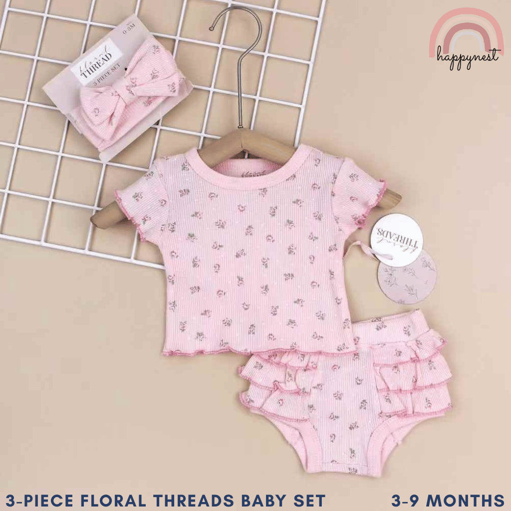 Baby Girls Pink Floral 3-Piece Outfit with Top Bloomers Headband | 3-9 Months AA284