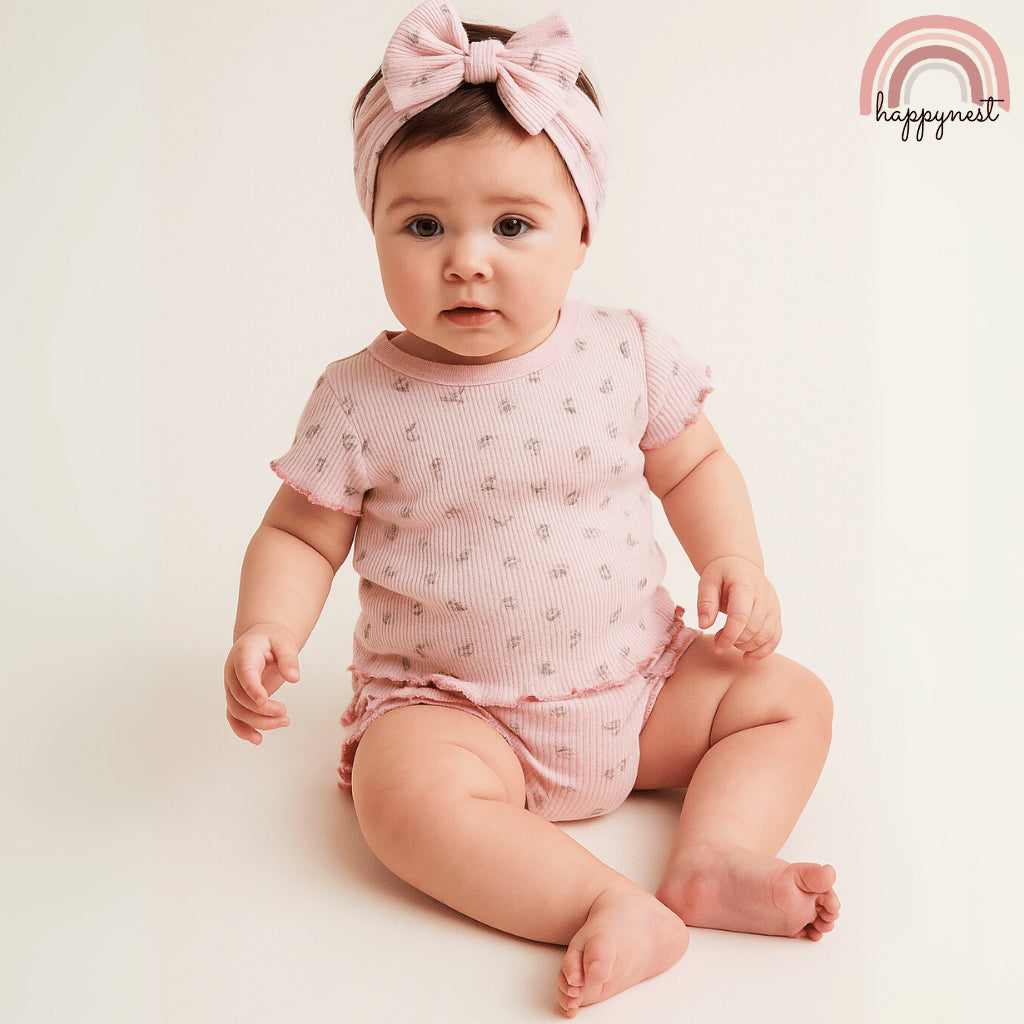 Baby Girls Pink Floral 3-Piece Outfit with Top Bloomers Headband | 3-9 Months AA284