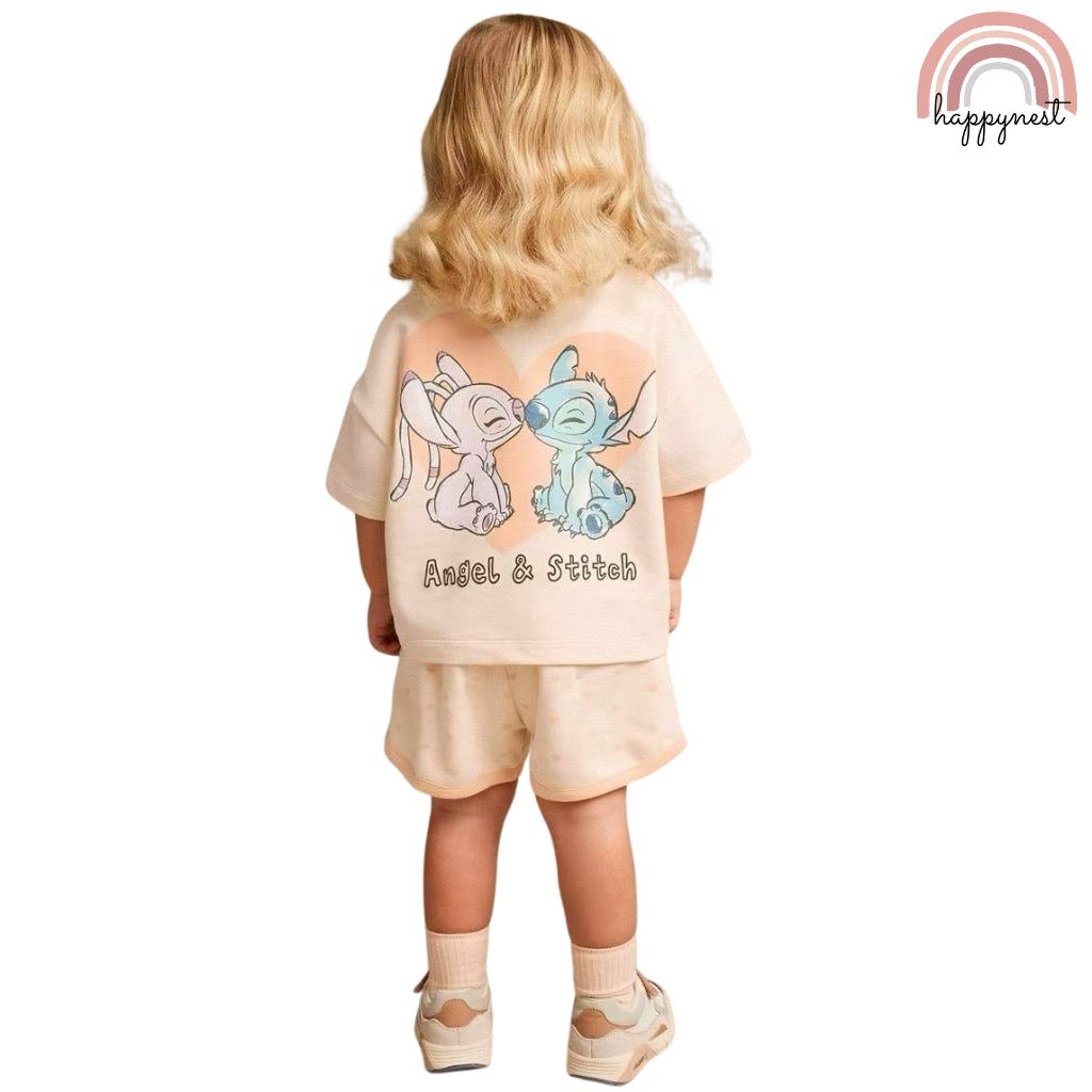 Girls Stitch Ohana Shirt & Shorts Set | Summer Outfit for Kids 2-10 Years AA293