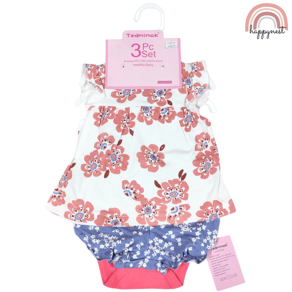 Baby Girls Floral 3-Piece Outfit with Top Bodysuit Bloomers | 0-18 Months AA259