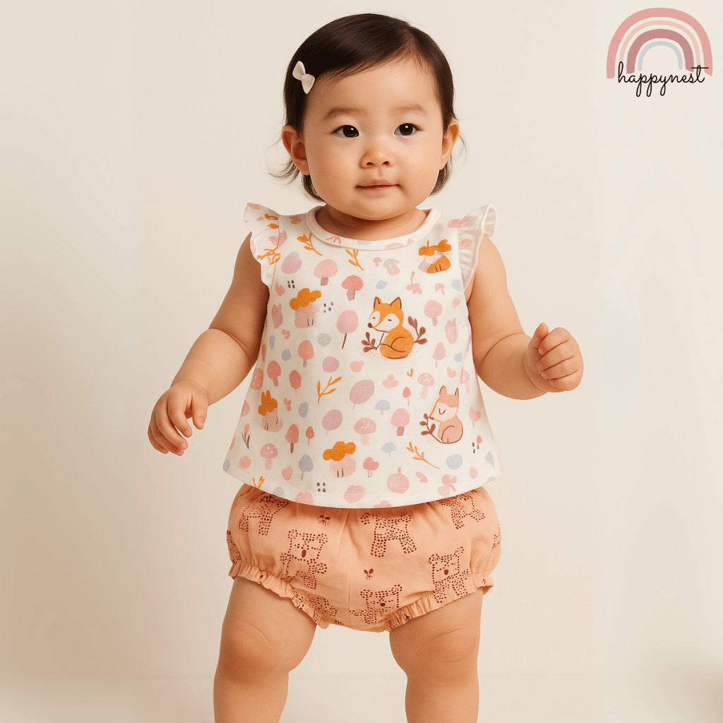 Baby Girls Fox 3-Piece Outfit with Top Bodysuit Bloomers | 0-18 Months AA260