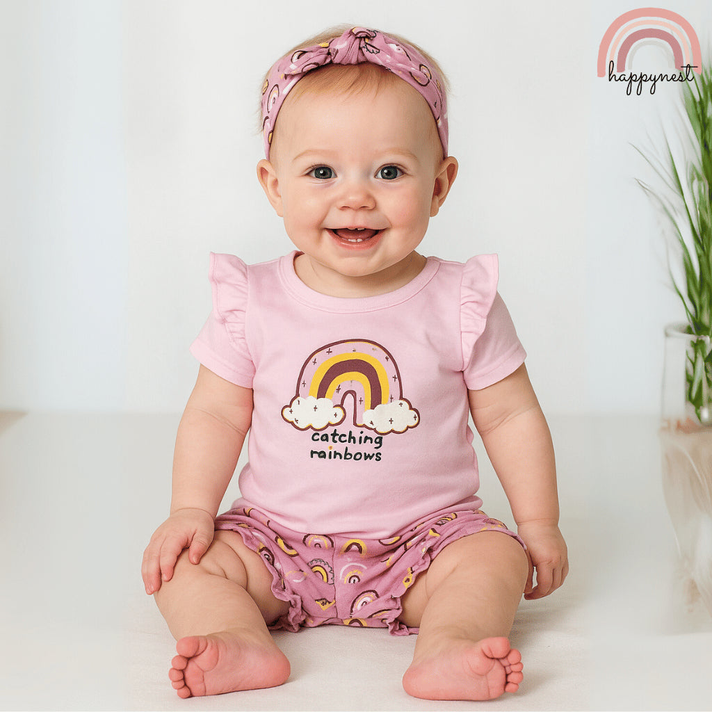 Baby Girl Clothes 3-Piece Set Shirt Shorts Headband Rainbow Outfit 0-18 Months AA261