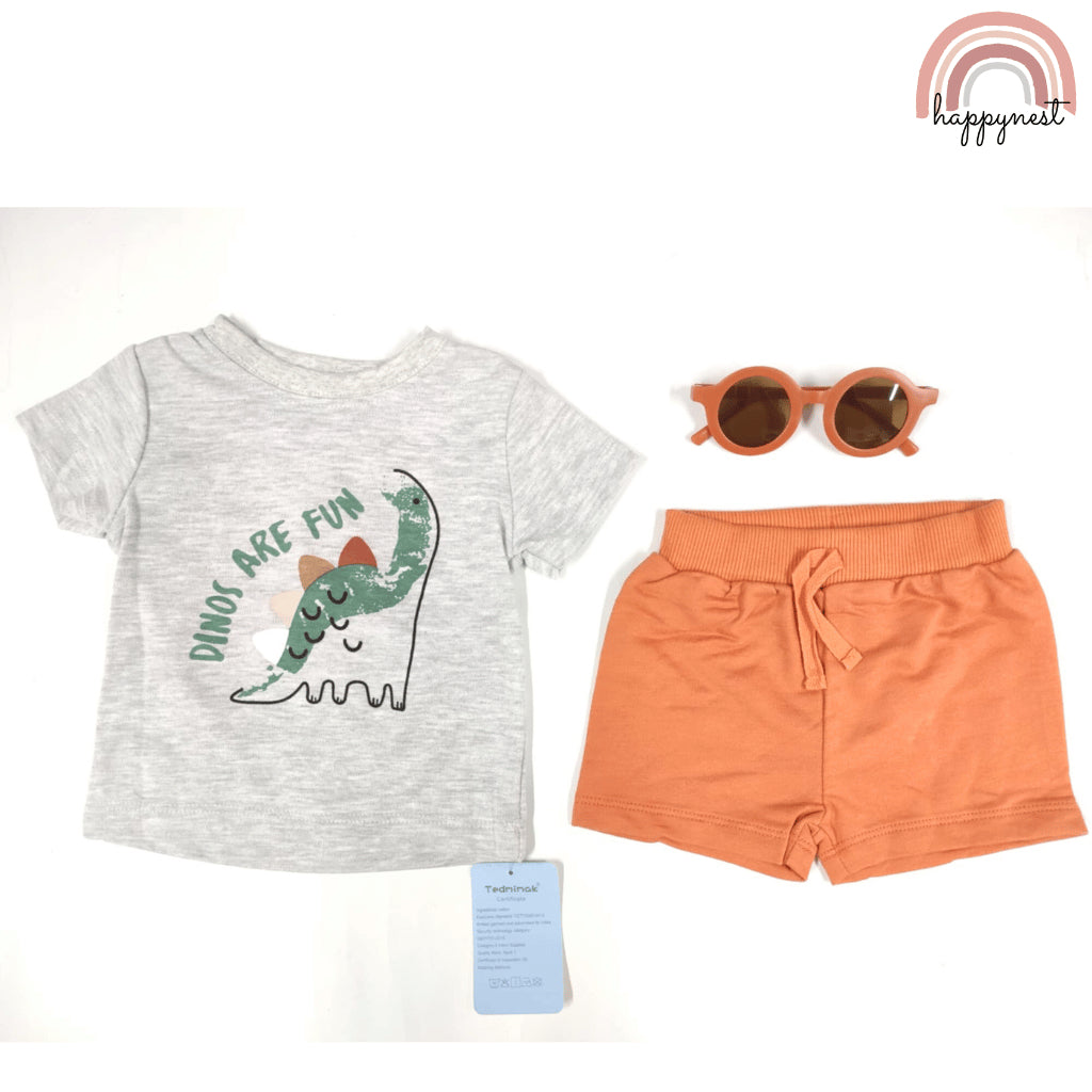 Baby Boys Dinos Are Fun 3-Piece Outfit with Top Shorts Sunglasses | 0-18 Months AA274