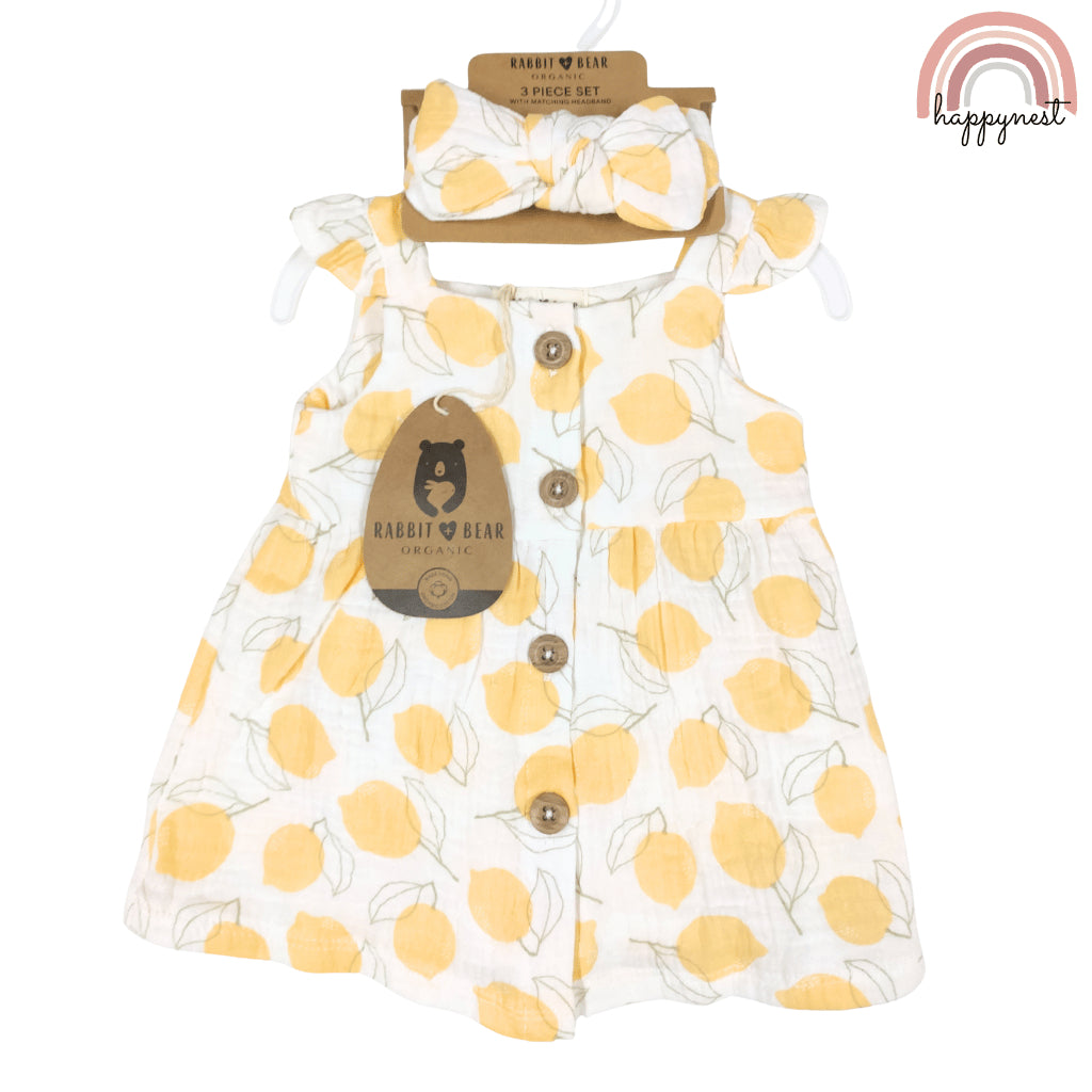 Baby Girl Clothes 3-Piece Set Lemon Print Dress Bloomers Headband 0-12 Months AA317