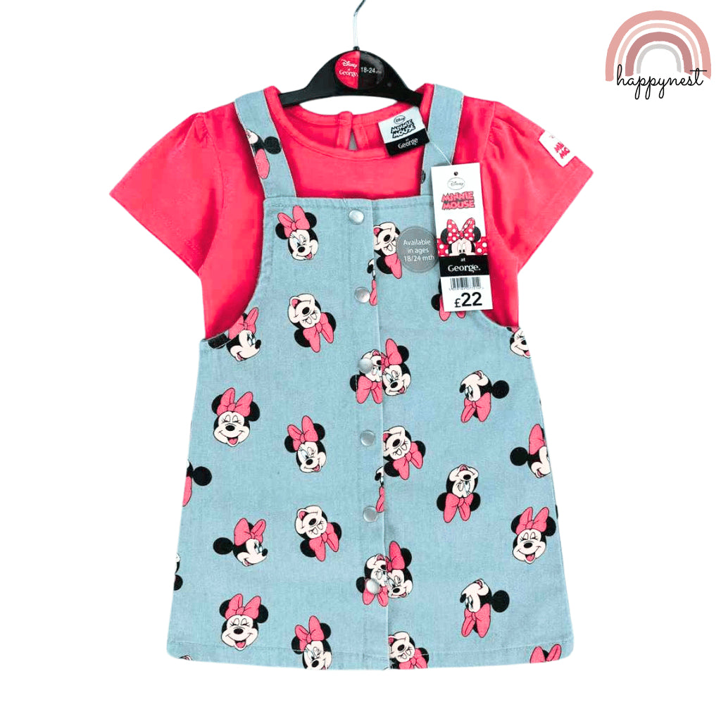 Minnie Mouse Baby Girl Outfit 2-Piece Pink Shirt + Denim Jumper Dress 3-36M AA278