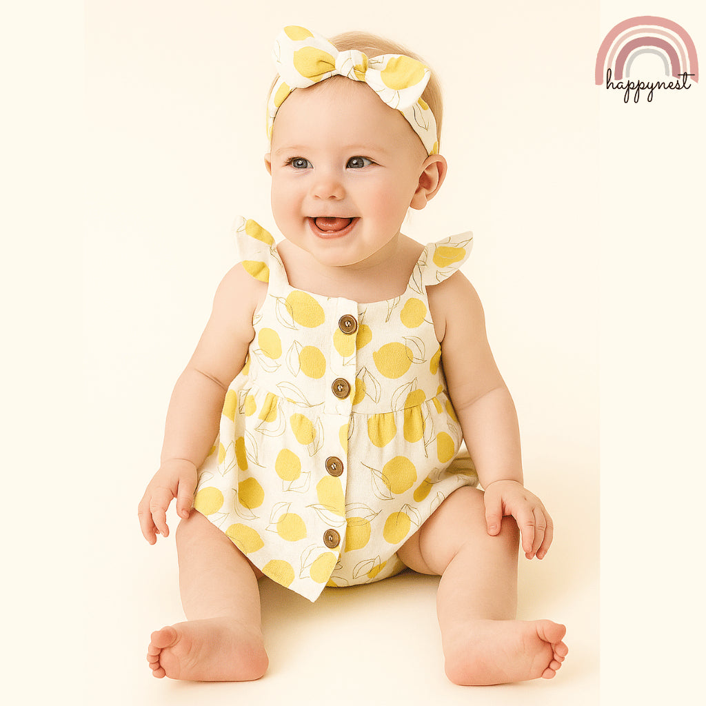Baby Girl Clothes 3-Piece Set Lemon Print Dress Bloomers Headband 0-12 Months AA317
