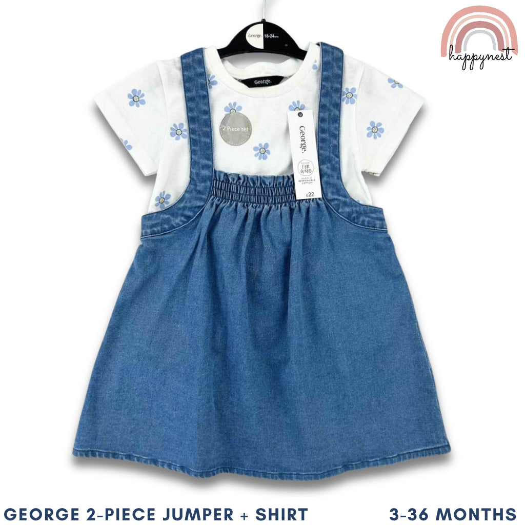 George Baby Girl Outfit 2-Piece White Shirt + Denim Jumper Dress 3-36M AA279