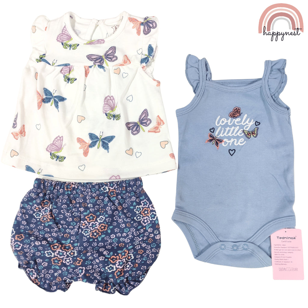 Baby Girls Butterfly 3-Piece Outfit with Top Bodysuit Bloomers | 0-18 Months AA257
