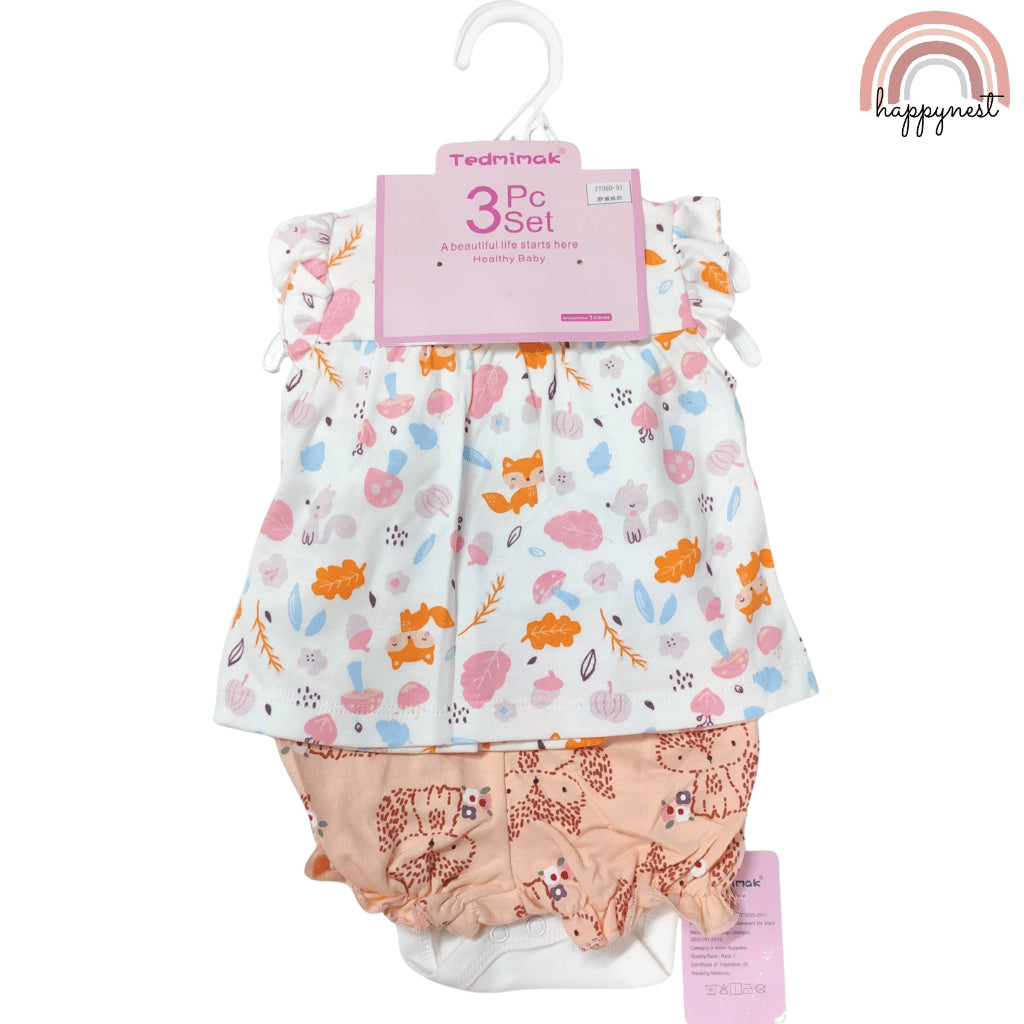 Baby Girls Fox 3-Piece Outfit with Top Bodysuit Bloomers | 0-18 Months AA260