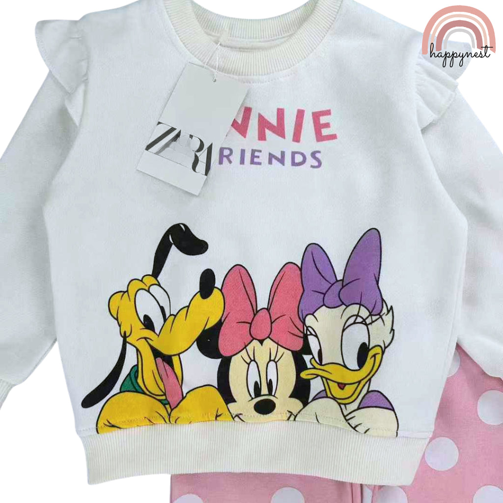 Minnie & Friends 2-Piece Tracksuit – White Top & Pink Polka Dot Joggers Girls 2–8 Yrs (SS513)