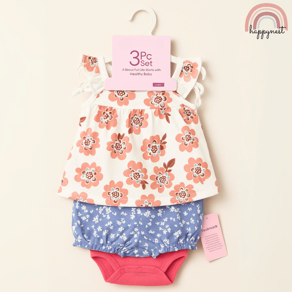 Baby Girls Floral 3-Piece Outfit with Top Bodysuit Bloomers | 0-18 Months AA259