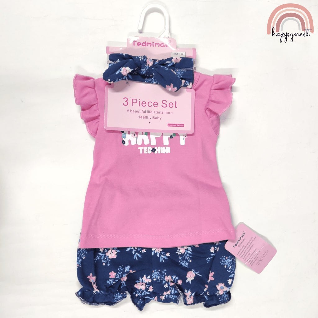 Baby Girls Pink Happy 3-Piece Outfit with Top Bloomers Headband | 0-18 Months AA262
