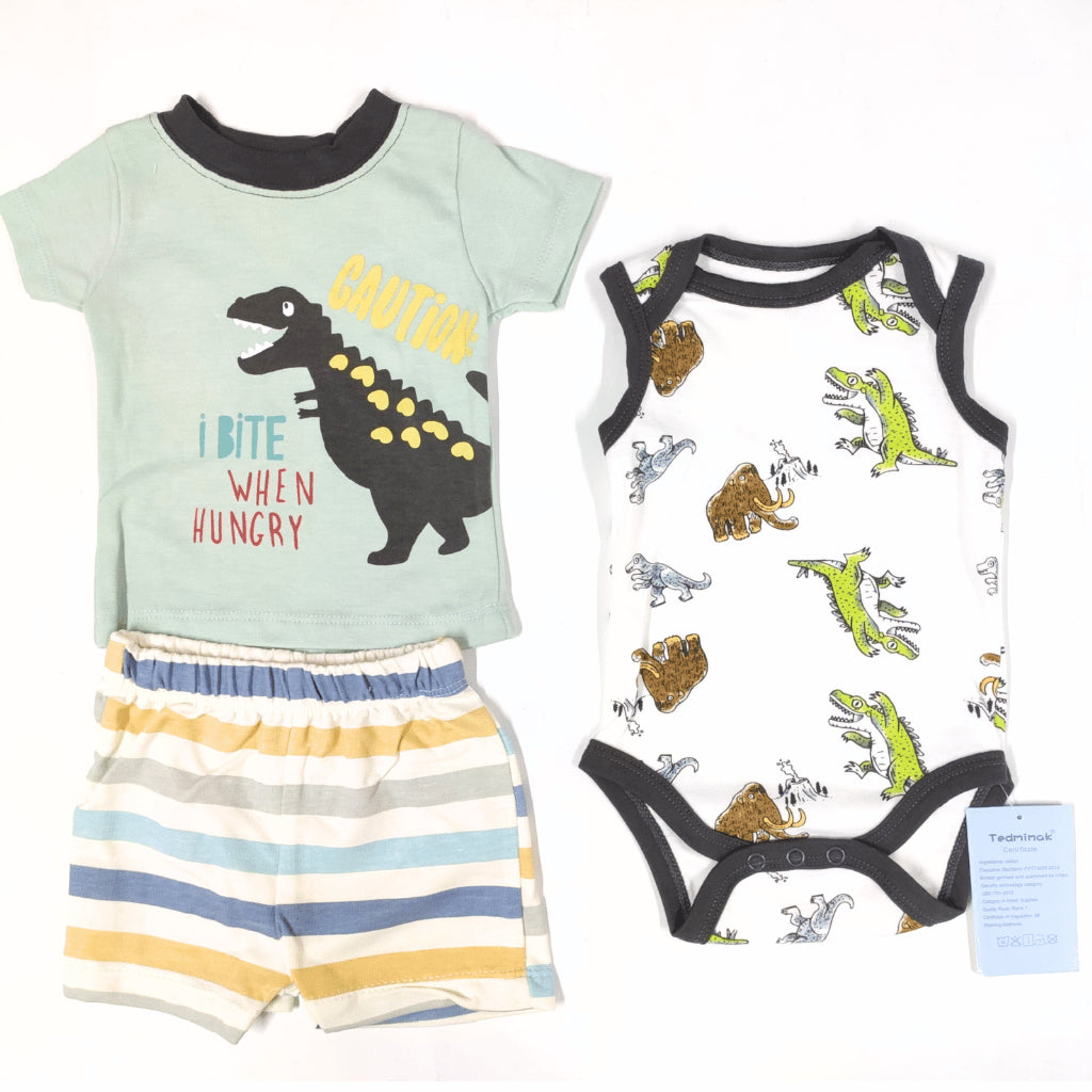 Baby Boys Dinosaur 3-Piece Outfit with Top Bodysuit Striped Shorts | 0-18M AA270