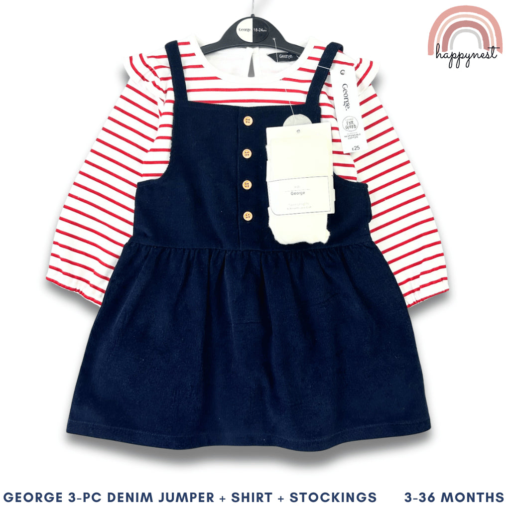 George 3-Piece Black Jumper Shirt and Stockings Set for Girls 3-36 Months PH AA197