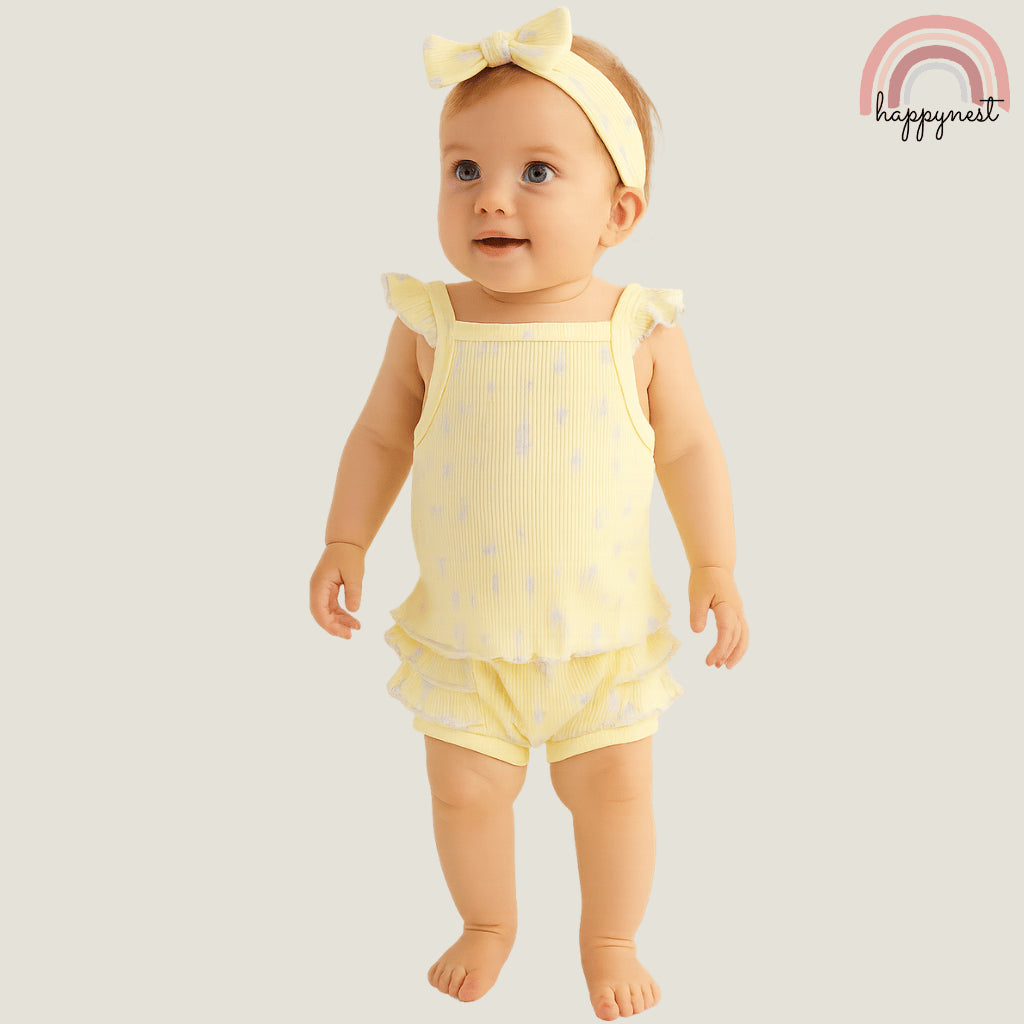 Baby Girls Yellow Floral 3-Piece Outfit with Top Bloomers Headband | 0-9 Months AA285