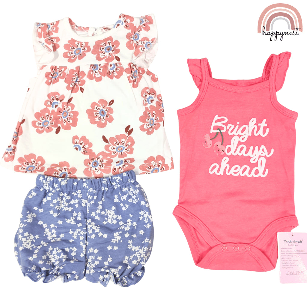 Baby Girls Floral 3-Piece Outfit with Top Bodysuit Bloomers | 0-18 Months AA259