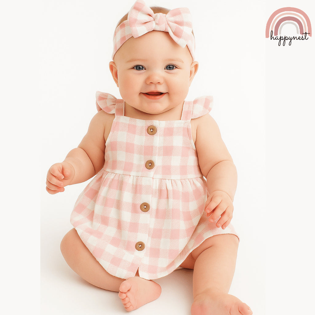 Baby Girl Clothes 3-Piece Set Pink Checkered Dress Bloomers Headband 0-12M AA315