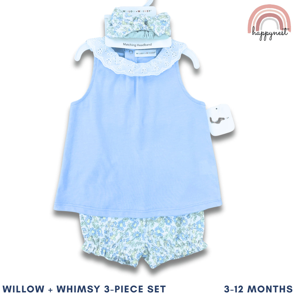 Baby Girl 3-Piece Blue Shirt Shorts and Headband Set 3-12 Months Outfit PH AA222