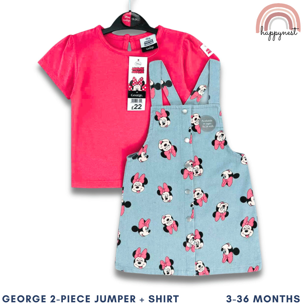Minnie Mouse Baby Girl Outfit 2-Piece Pink Shirt + Denim Jumper Dress 3-36M AA278