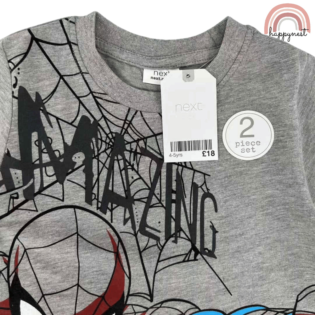 Spiderman Boys Gray Spider Hero Shirt & Navy Shorts Set | Kids Summer Outfit 2-10 Years AA288