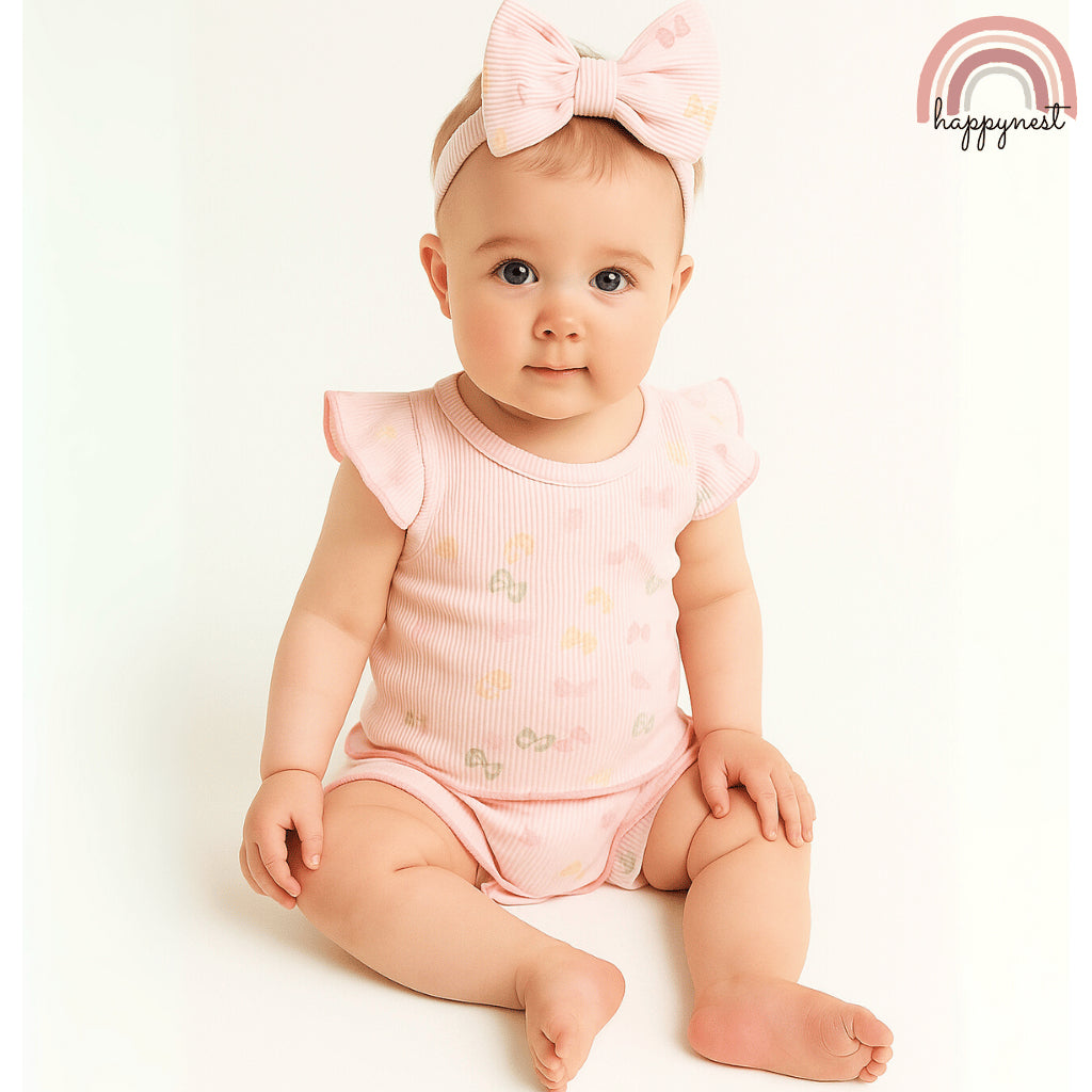 Baby Girls Peach Floral 3-Piece Summer Outfit with Top Bloomers Headband | 3-9M AA286
