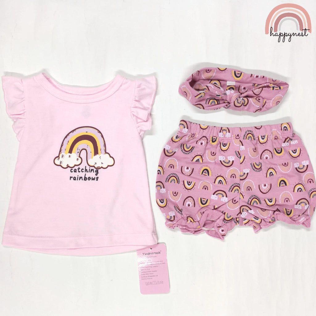 Baby Girl Clothes 3-Piece Set Shirt Shorts Headband Rainbow Outfit 0-18 Months AA261