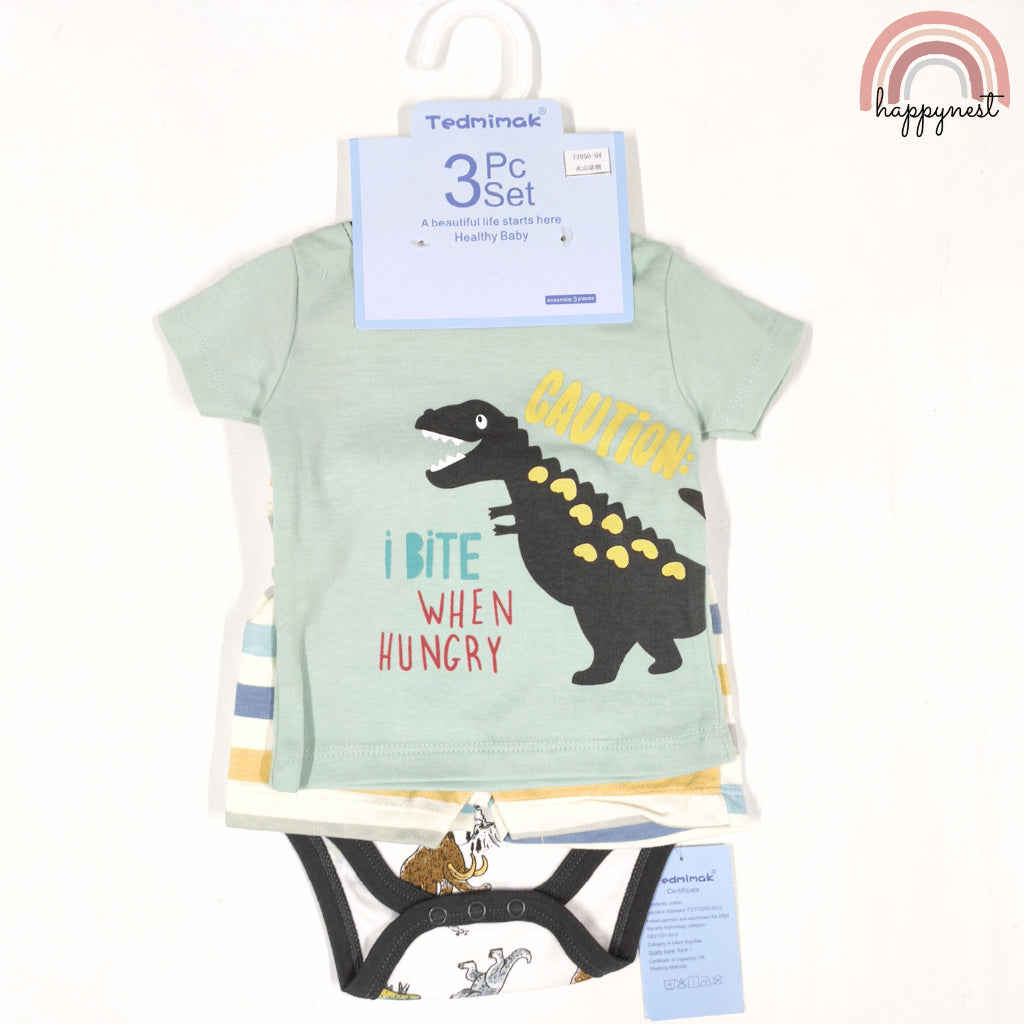 Baby Boys Dinosaur 3-Piece Outfit with Top Bodysuit Striped Shorts | 0-18M AA270