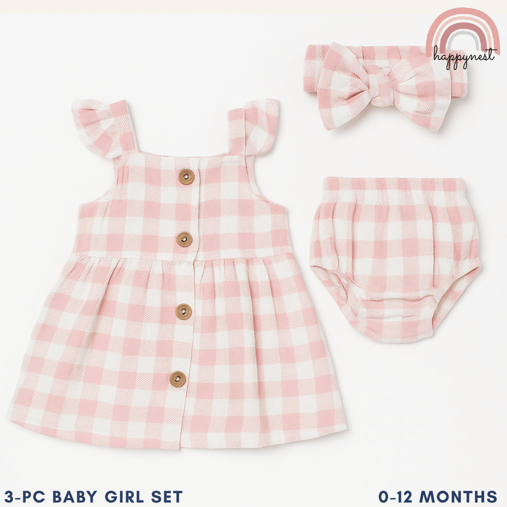 Baby Girl Clothes 3-Piece Set Pink Checkered Dress Bloomers Headband 0-12M AA315