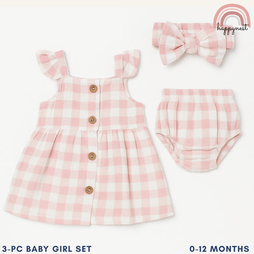 Baby Girl Clothes 3-Piece Set Pink Checkered Dress Bloomers Headband 0-12M AA315