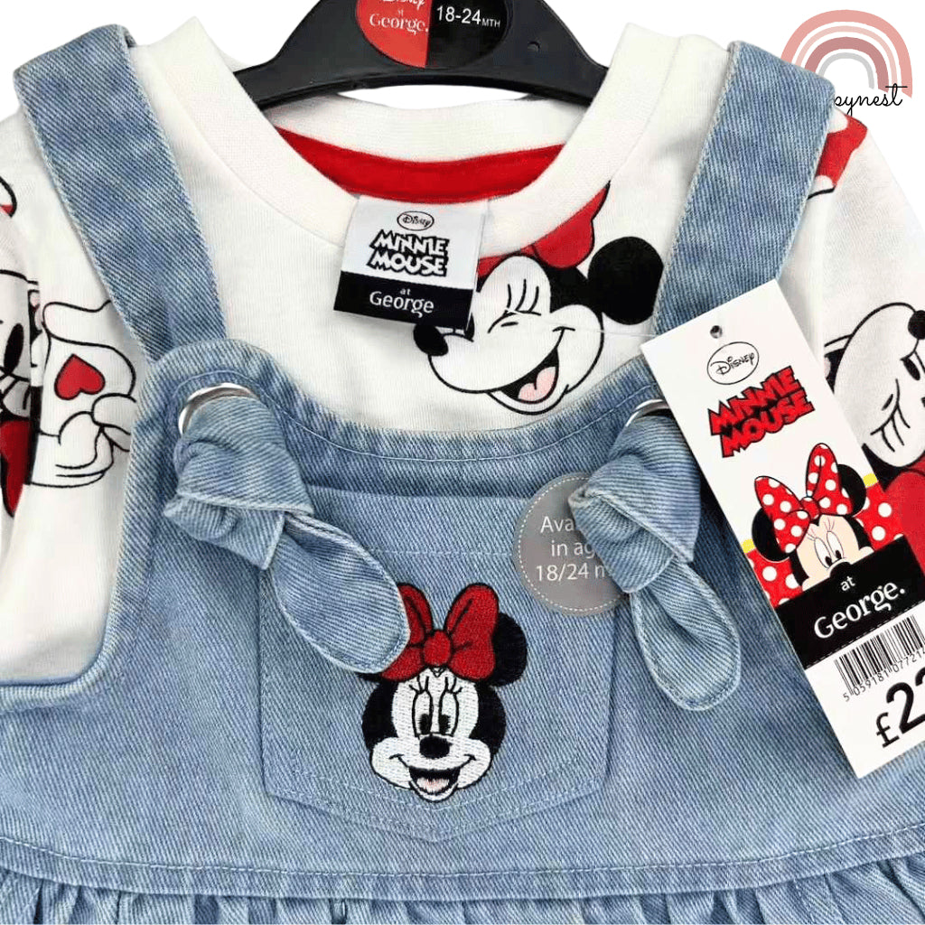 Minnie Mouse Baby Girl Outfit 2-Piece White Shirt + Denim Jumper Dress 3-36M AA280