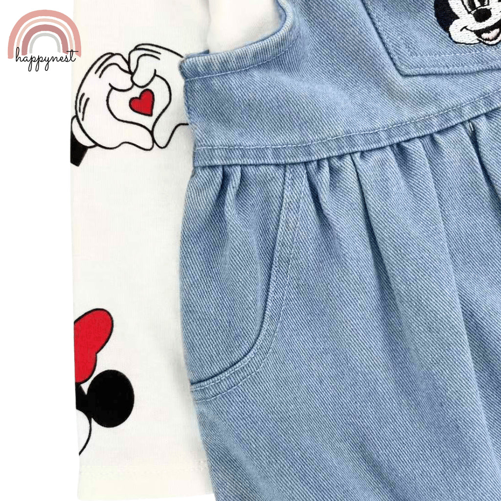 Minnie Mouse Baby Girl Outfit 2-Piece White Shirt + Denim Jumper Dress 3-36M AA280